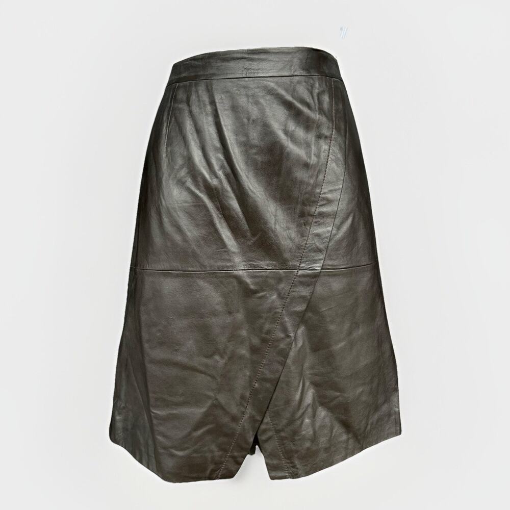 Halogen Nordstrom Brown Leather Skirt Size 14 Faux Wrap A-Line Lined Classic